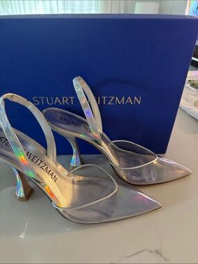 Stuart Weitzman Holographic Pointed-Toe Slingback Pumps - Iridescent Silver 9.5
